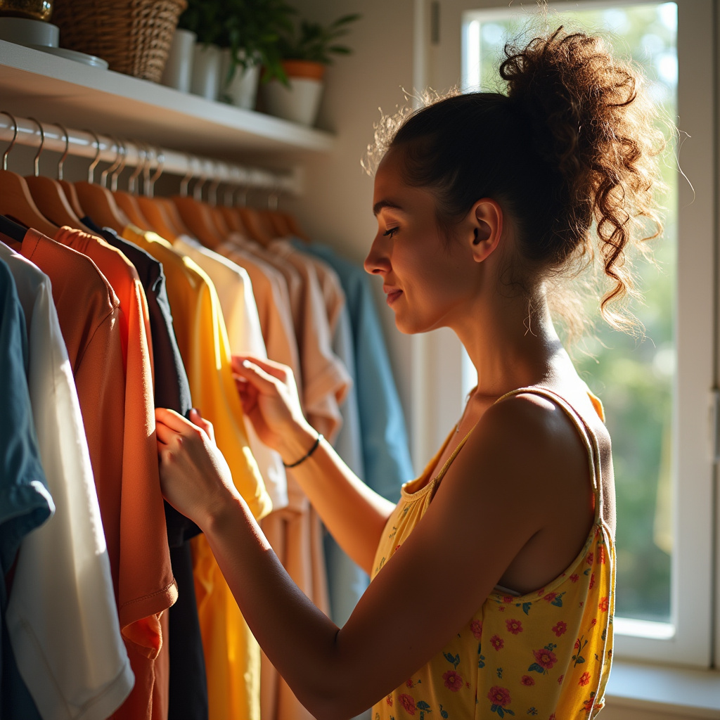 Brazilian woman organizing summer clothes in a bright, airy closet. Natural light, colorful Mulher organizando roupas de verão em closet iluminado.