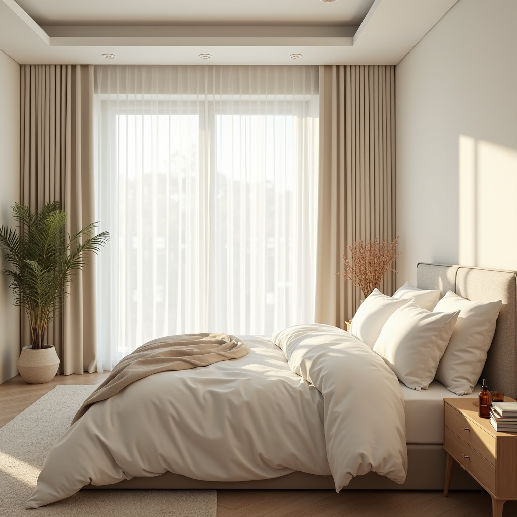Bright bedroom with light colors, blackout curtains, and relaxing essential oils, natural light, Quarto claro com cortinas blackout e óleos essenciais.