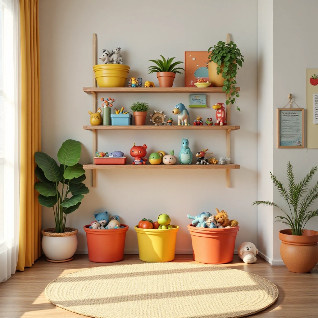 Brinquedos organizados em caixas e cestos coloridos.