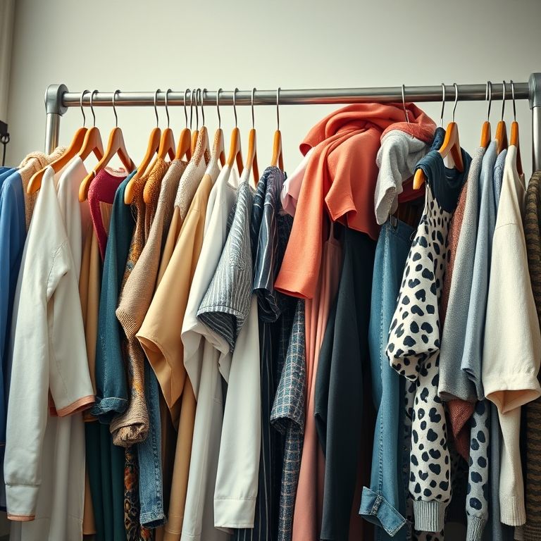 Cabideiro lotado com muitas roupas.