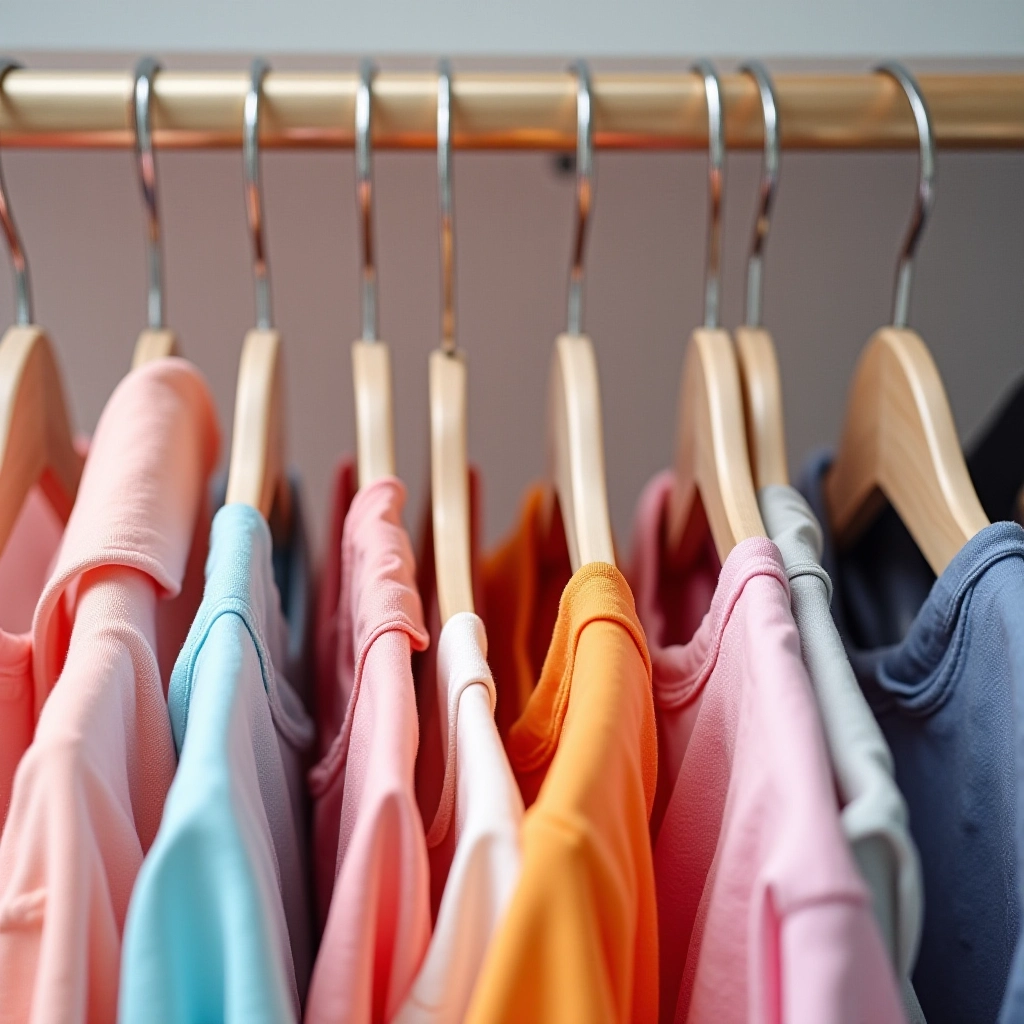 Cabides finos e coloridos otimizam o espaço e alegram o ambiente. Cabides finos e coloridos pendurados em um guarda-roupa infantil.