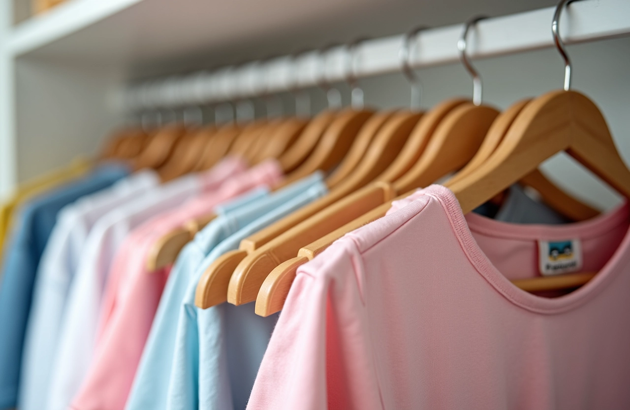 Cabides iguais alinhados em um guarda roupa infantil.