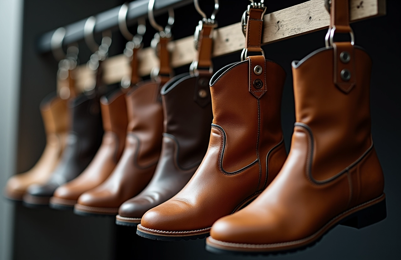Botas penduradas em cabides próprios para evitar que deformem.