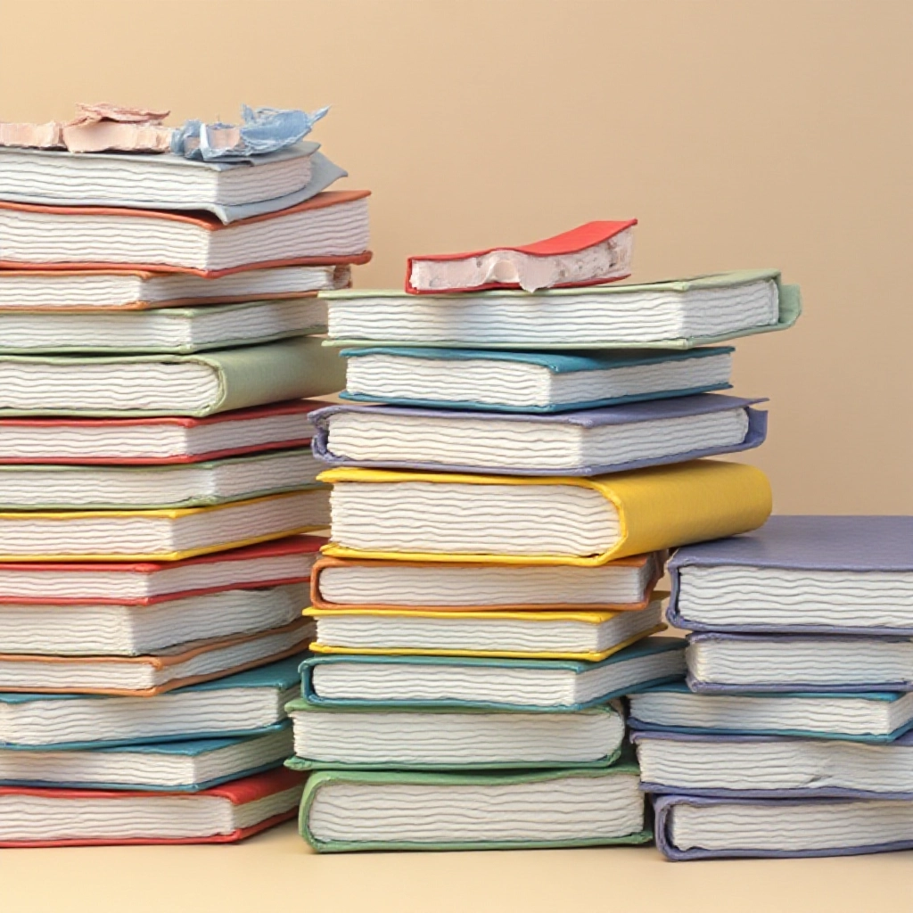 Pilhas de cadernos organizados por cor e identificados por matéria.