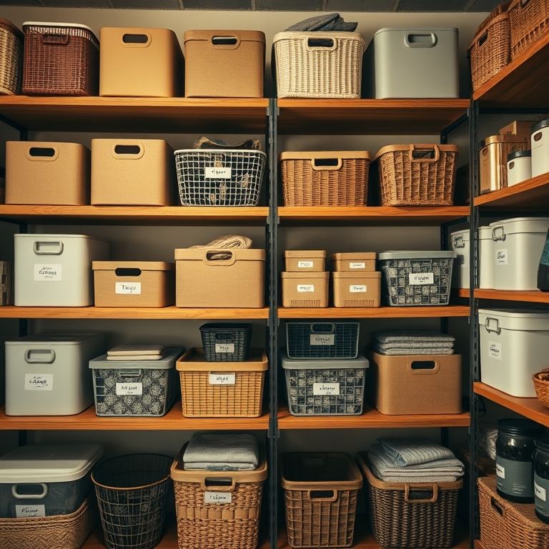 Caixas e cestas organizadoras em prateleiras, com etiquetas de identificação.