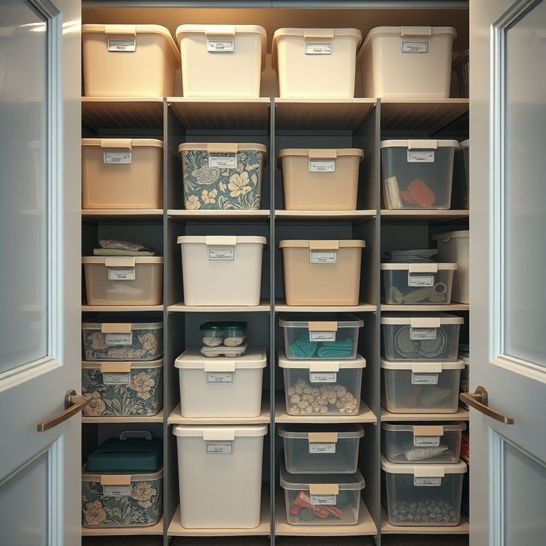 Caixas e organizadores dentro de um armário.