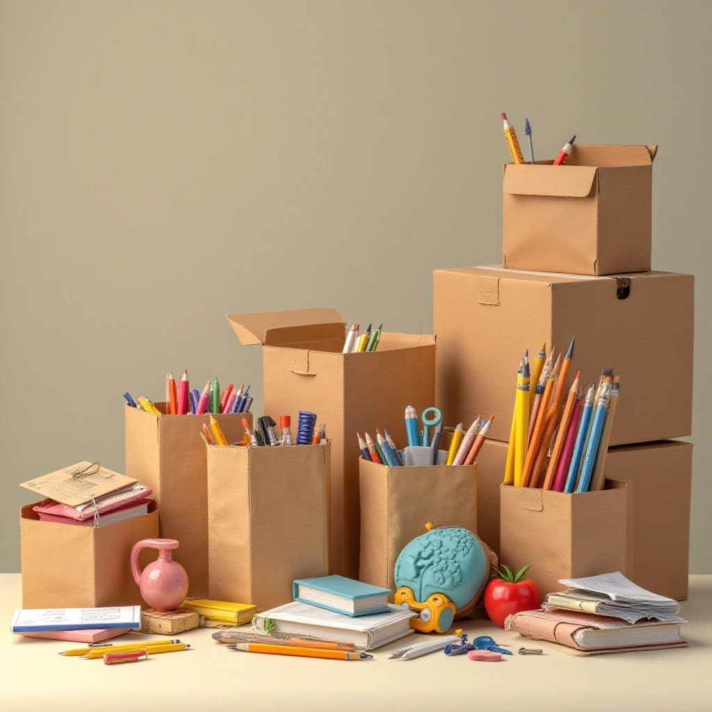 Caixas e organizadores sendo usados para armazenar material escolar.