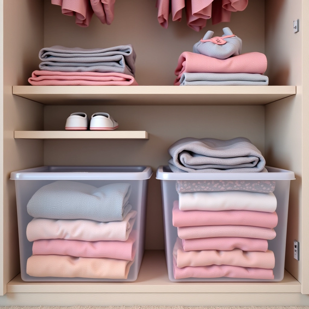 Utilize caixas organizadoras transparentes para visualizar o conteúdo. Caixas organizadoras transparentes dentro de um guarda-roupa infantil.