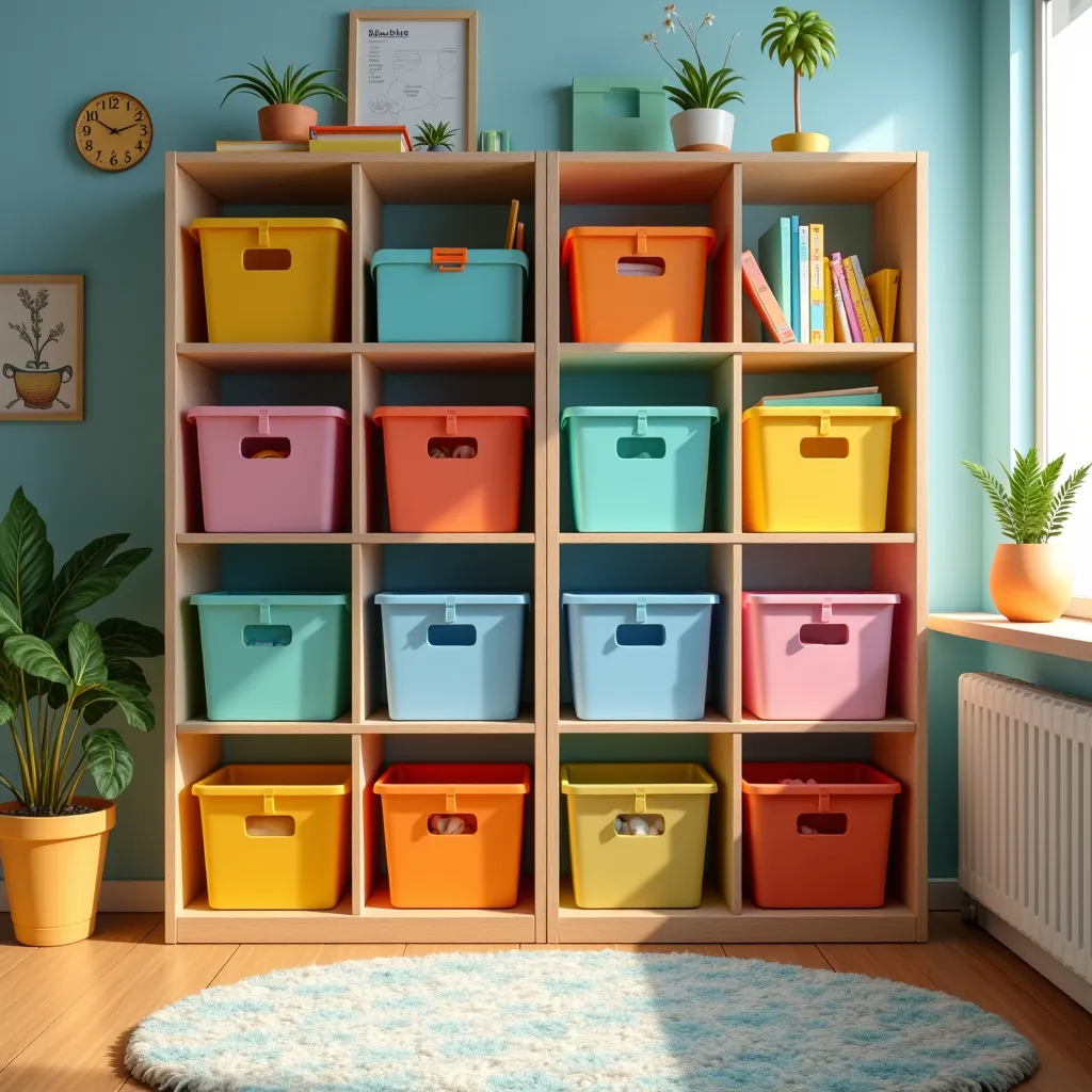 Caixas organizadoras e cestos para guardar objetos pequenos em quarto infantil.