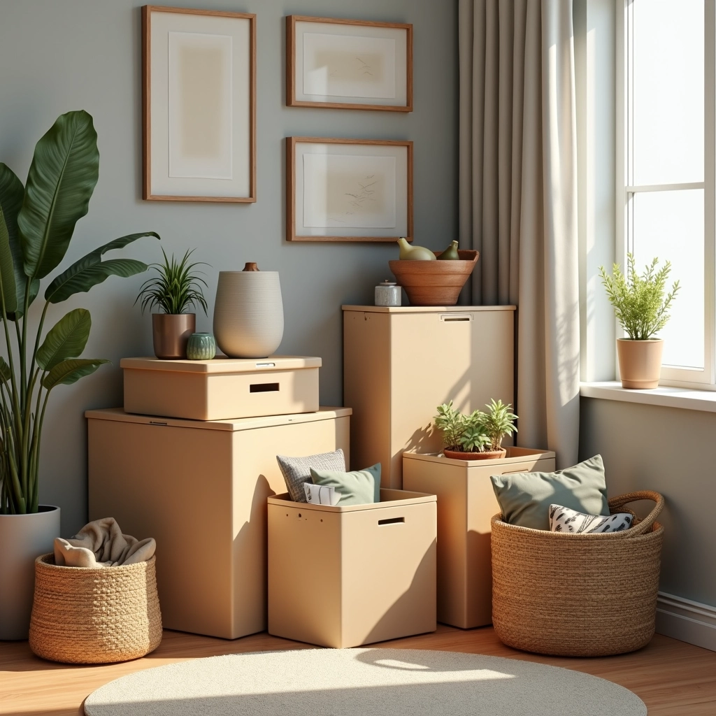Caixas organizadoras e cestas armazenando objetos em um quarto.