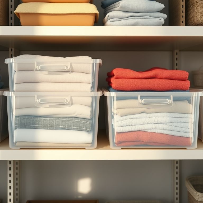 Caixas organizadoras transparentes em uma prateleira com itens dobrados.