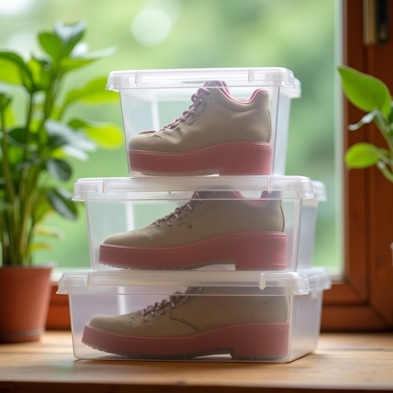 Caixas organizadoras transparentes para sapatos.