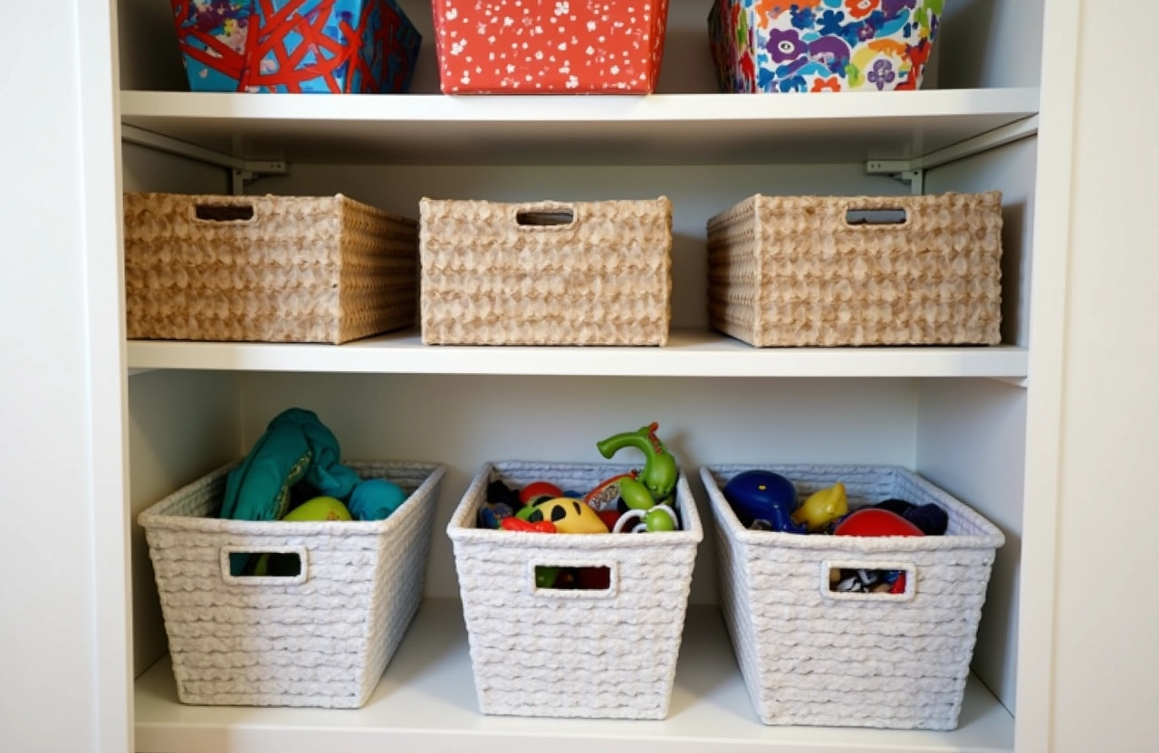 Caixas e cestas organizando brinquedos e acessórios em um guarda roupa.