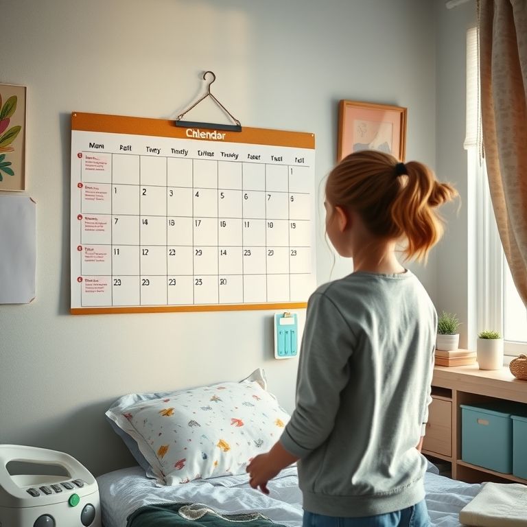 Calendário e lista de tarefas na parede de um quarto de menina organizado.
