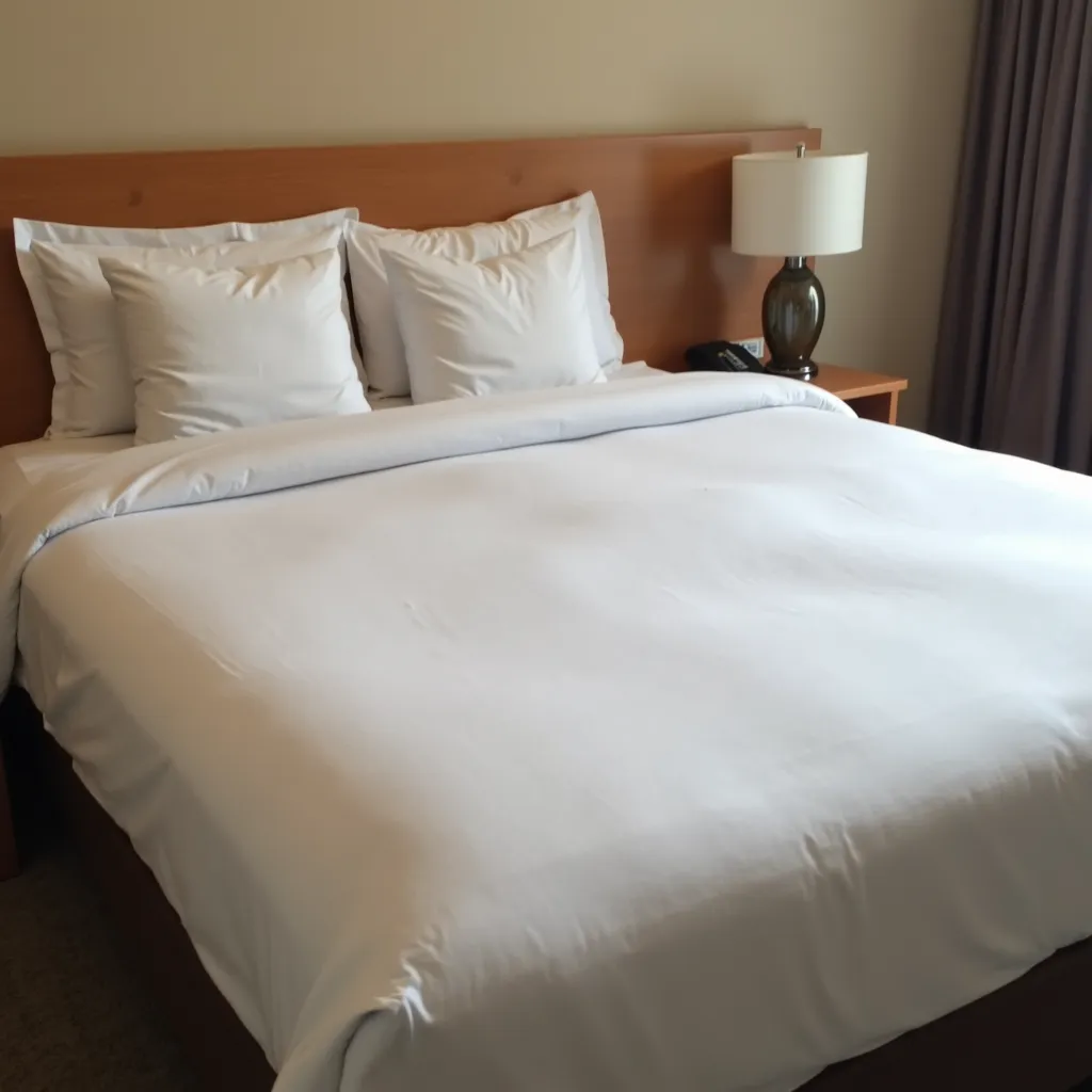 Cama arrumada em um quarto de hotel.