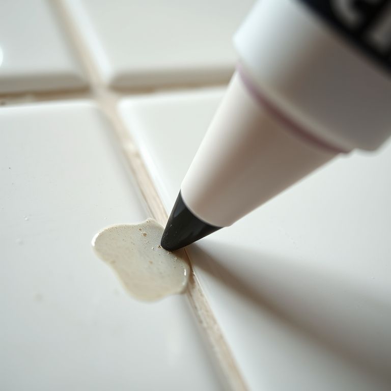 Caneta para rejunte sendo usada para disfarçar imperfeições no banheiro.
