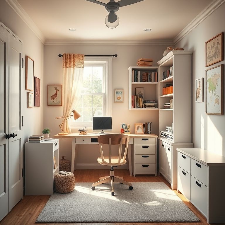 Cantinho de estudos aconchegante em quarto de menina, com mesa, cadeira e estantes.