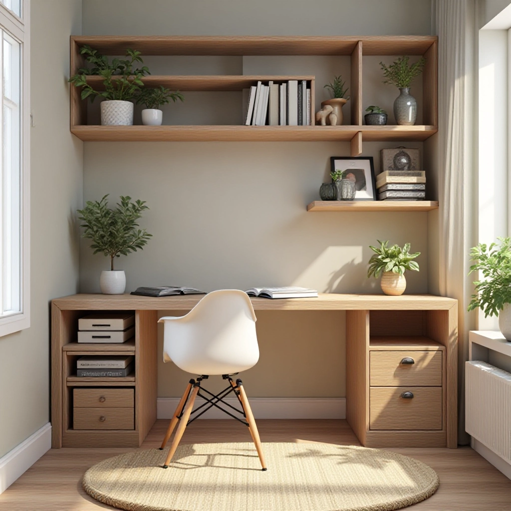Um cantinho de estudos com mesa, cadeira e prateleiras organizadas.
