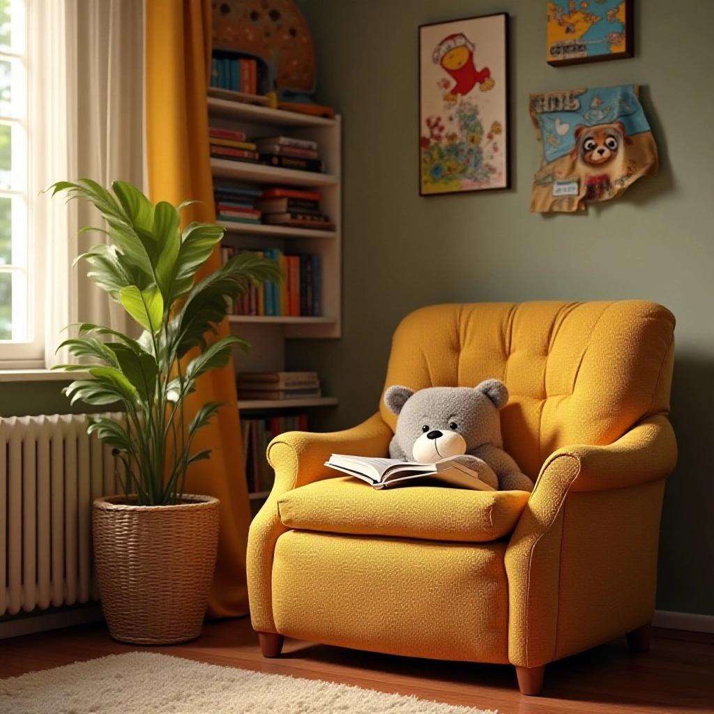 Cantinho de leitura aconchegante com livros infantis.