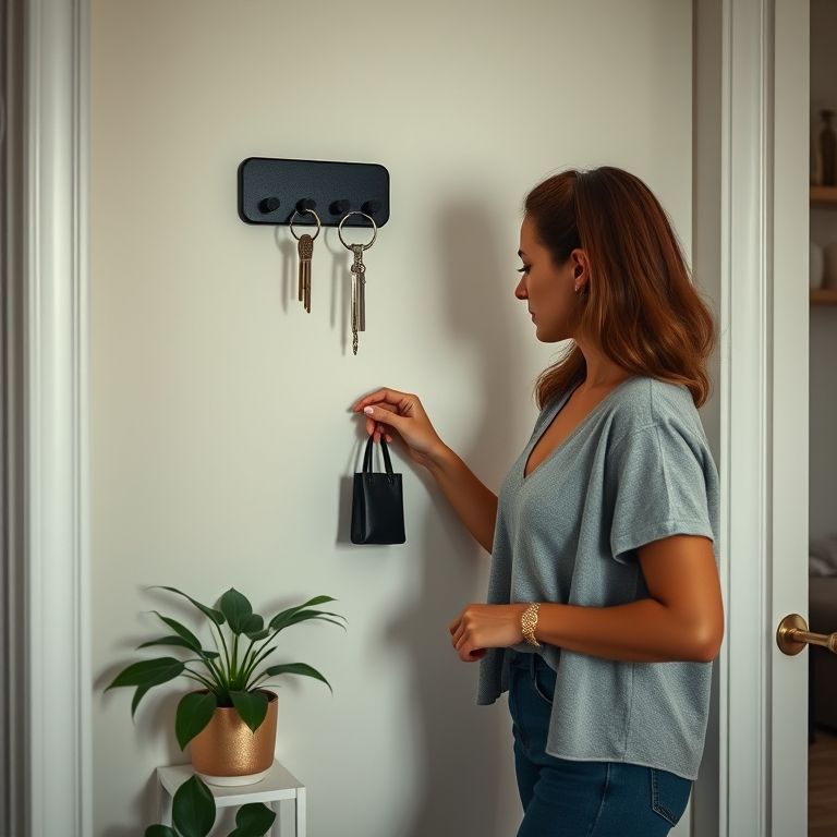 Cantinho de organização na entrada com porta-chaves, prateleira e planta.