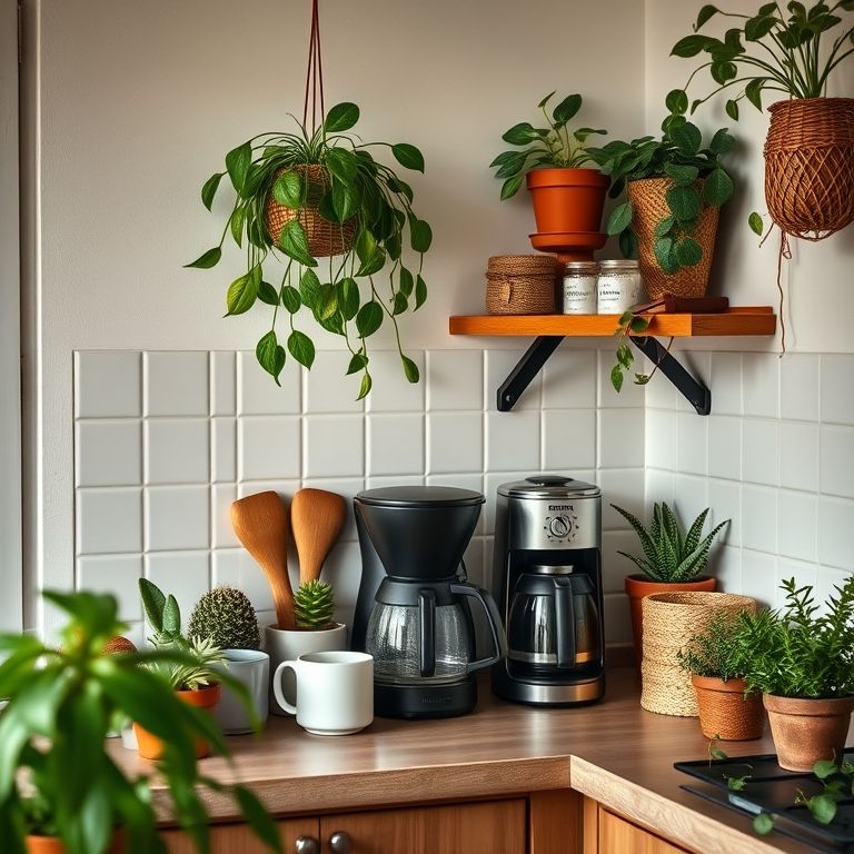 Cantinho do café funcional em cozinha brasileira com xícaras e cafeteira.