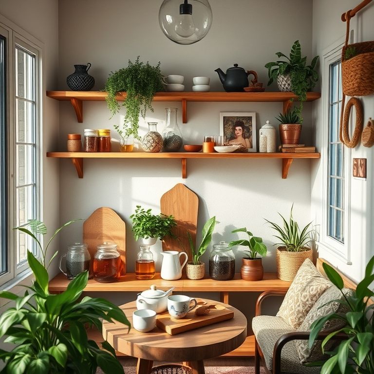 Cantinho do chá aconchegante com diversos tipos de chá e decoração vibrante.