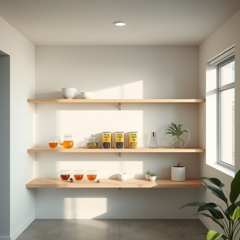 Cantinho do chá minimalista com prateleiras simples e poucas opções de chá.