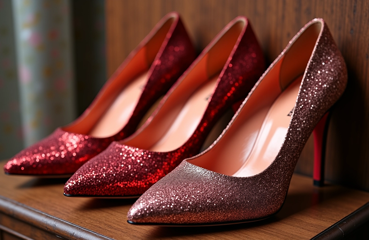 Um espaço dedicado para sapatos de festa, como saltos altos e sapatos brilhantes.