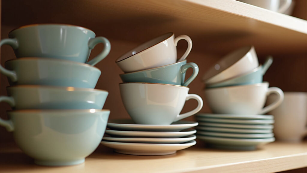 Carefully stacking teacups with felt protectors between them in a Brazilian kitchen cabinet, Xícaras empilhadas com protetores de feltro.