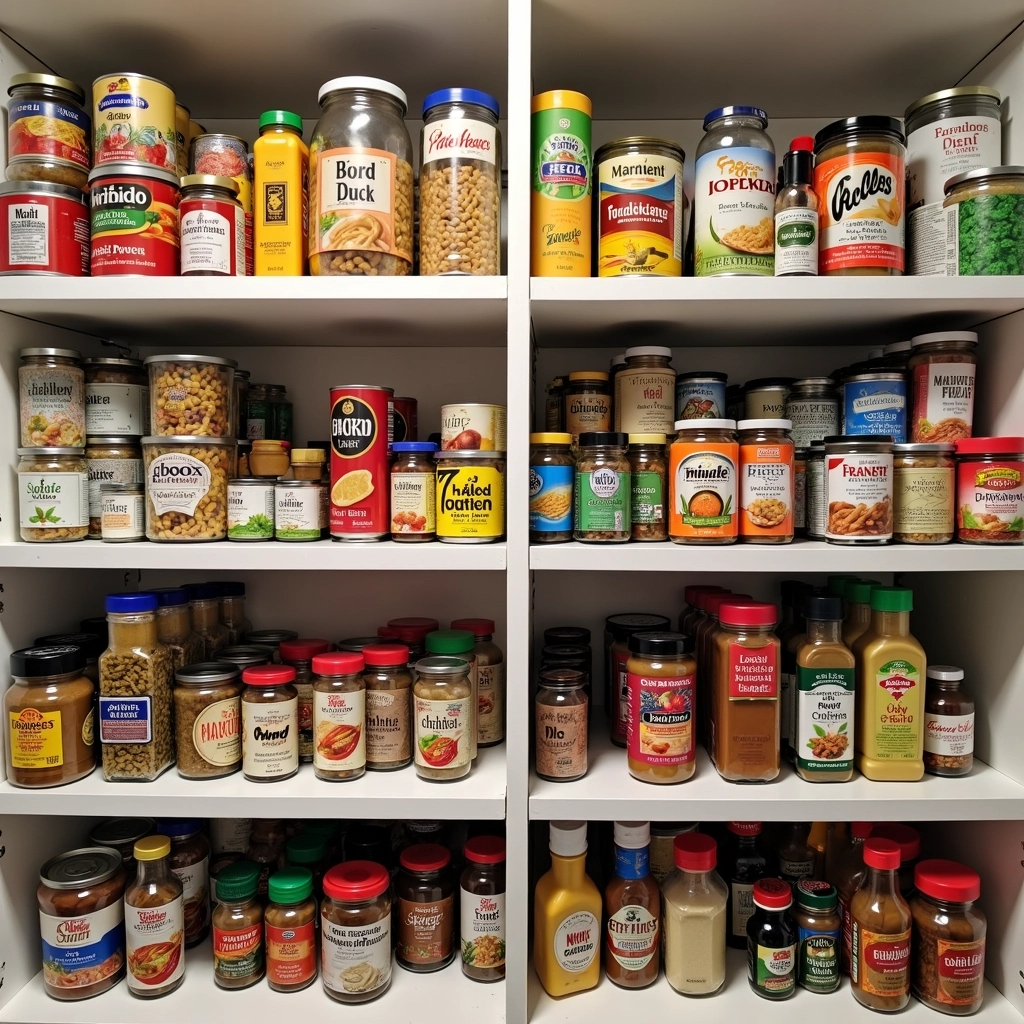 Alimentos categorizados por tipo (enlatados, massas, temperos) em diferentes seções da despensa.