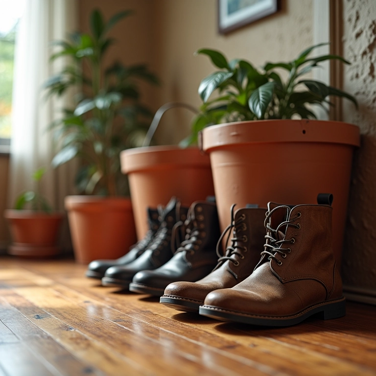 Cestas e baldes organizando sapatos.