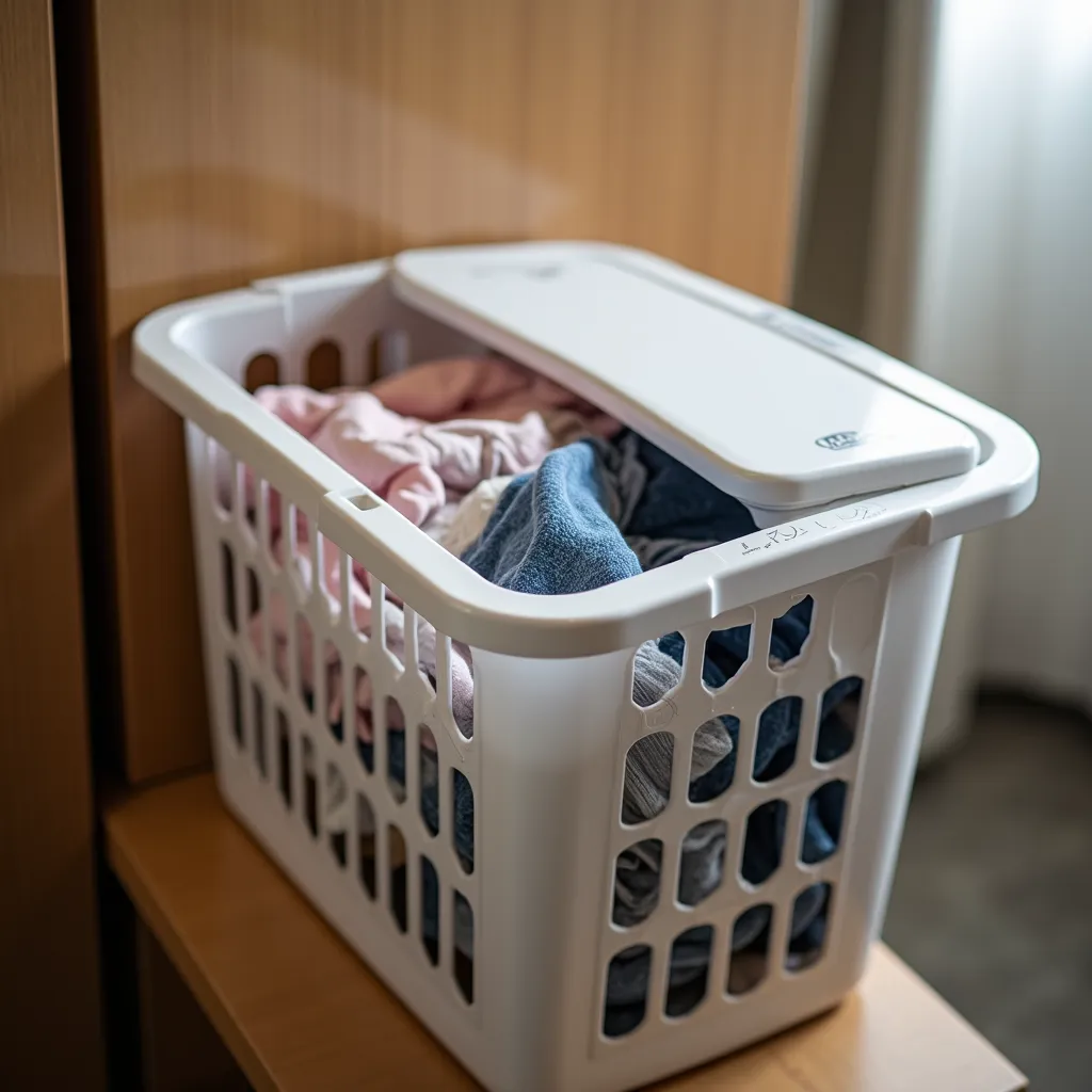 Cesto de roupa suja discreto em um quarto de hotel.