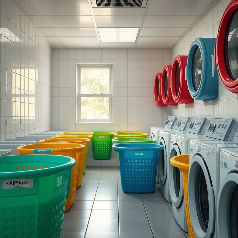 Cestos de roupa identificados por cor para organização eficiente.