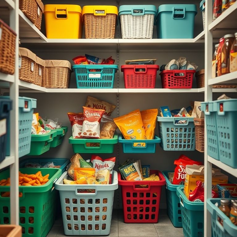 Cestos e caixas organizadoras em uma despensa.