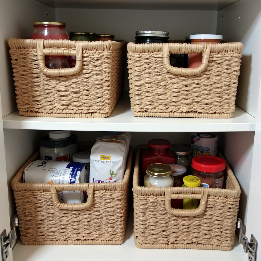 Cestos e caixas organizadoras utilizados para agrupar itens similares em uma despensa.