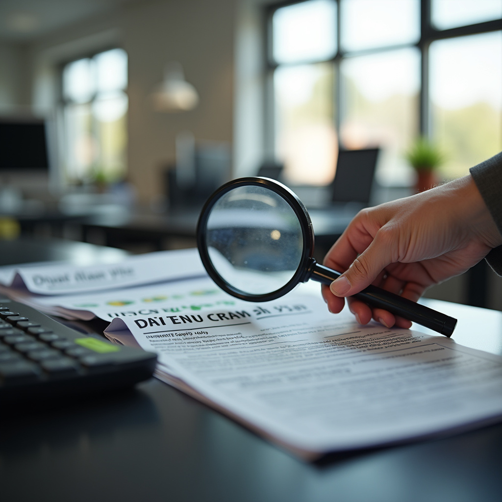 Checking toner packaging for authenticity, magnifying glass, office setting, natural light, Verificando autenticidade do toner.