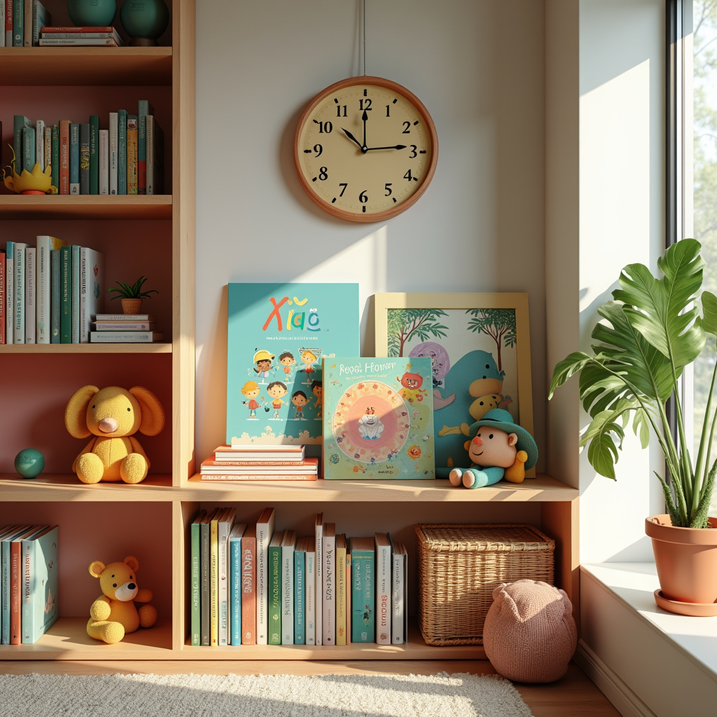 Children's books organized accessibly, colorful shelves, Brazilian kids room, natural light, Livros infantis organizados em prateleiras baixas.