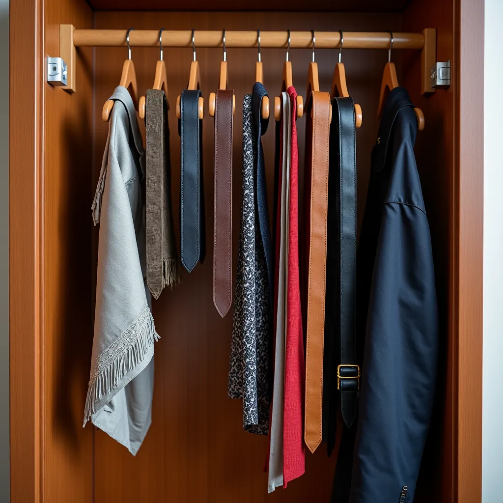 Cintos e lenços pendurados organizadamente em um closet de hotel.