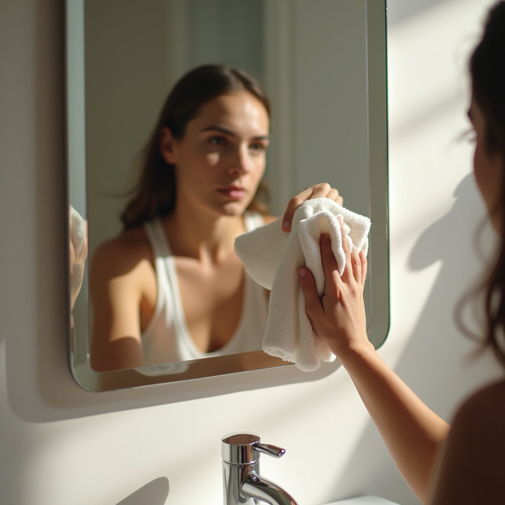 Cleaning mirror with vinegar solution, microfiber cloth, natural light, professional photography, Limpando espelho com vinagre.