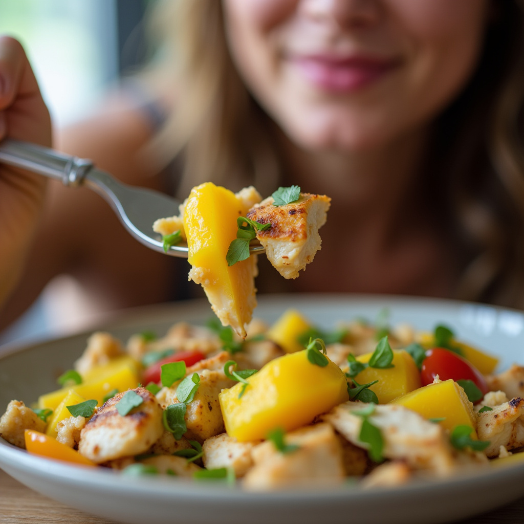 Close-up of a woman enjoying a forkful of grilled chicken mango salad. Natural light, vibrant Mulher saboreando salada de frango com manga.