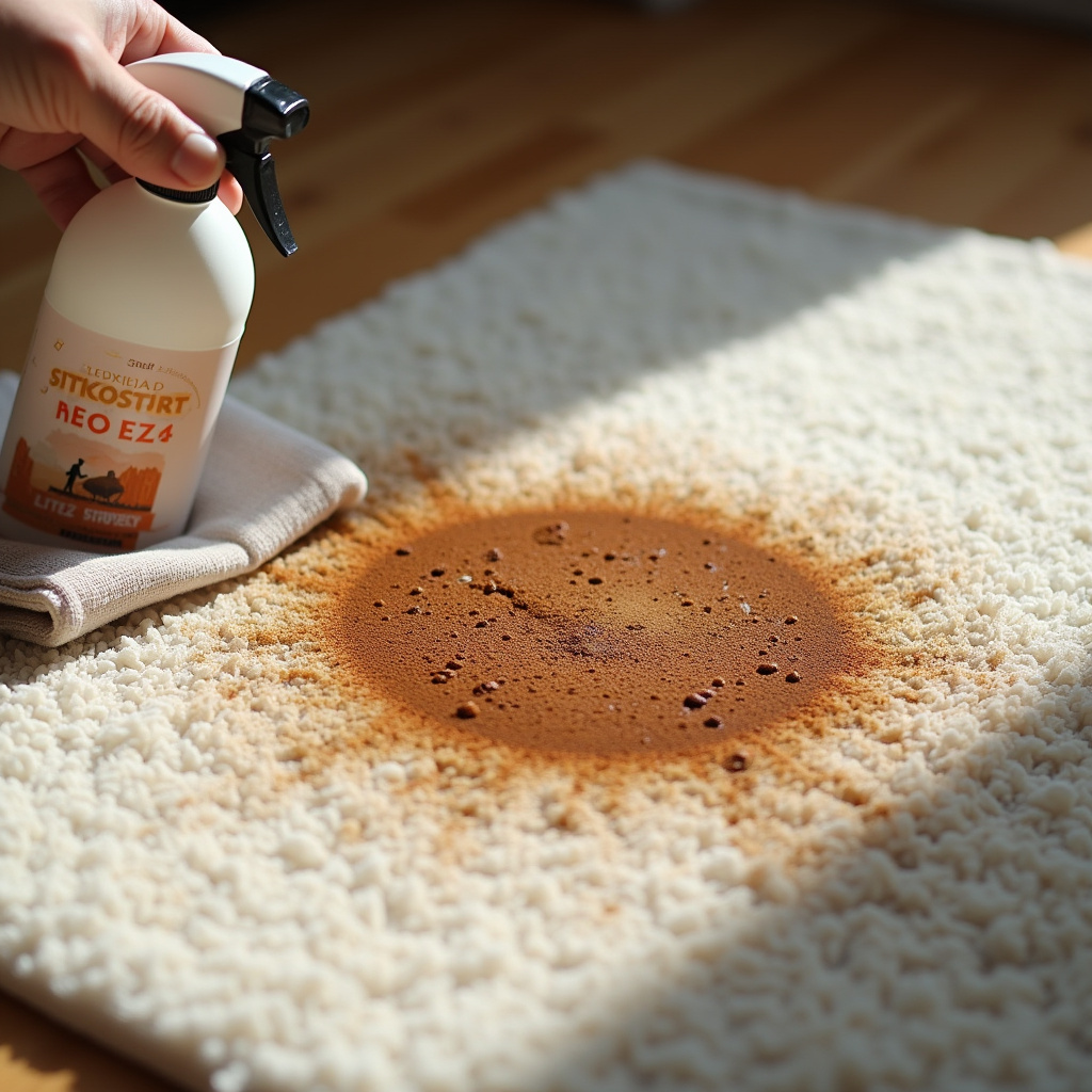 Close-up of coffee stain being cleaned on a rug, using a cloth and cleaning solution, bright Removendo mancha de café de um tapete com pano e solução.