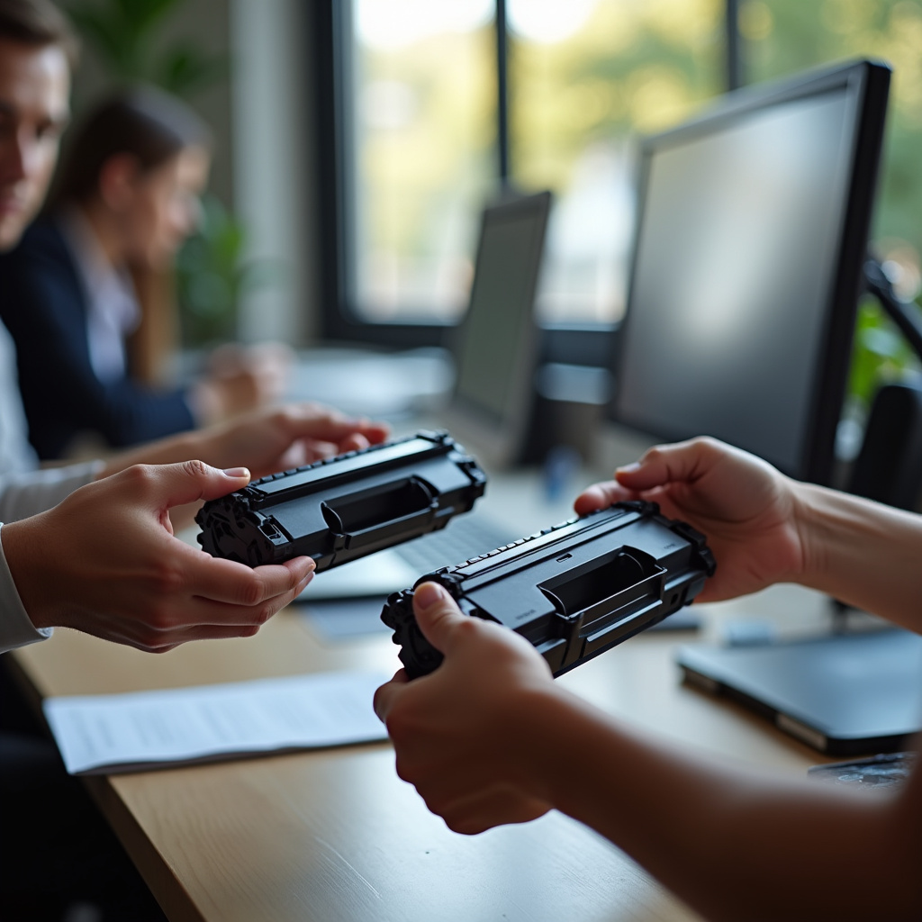 Close-up of diverse hands examining printer toner models, office setting, natural light, Mãos escolhendo toner de impressora.
