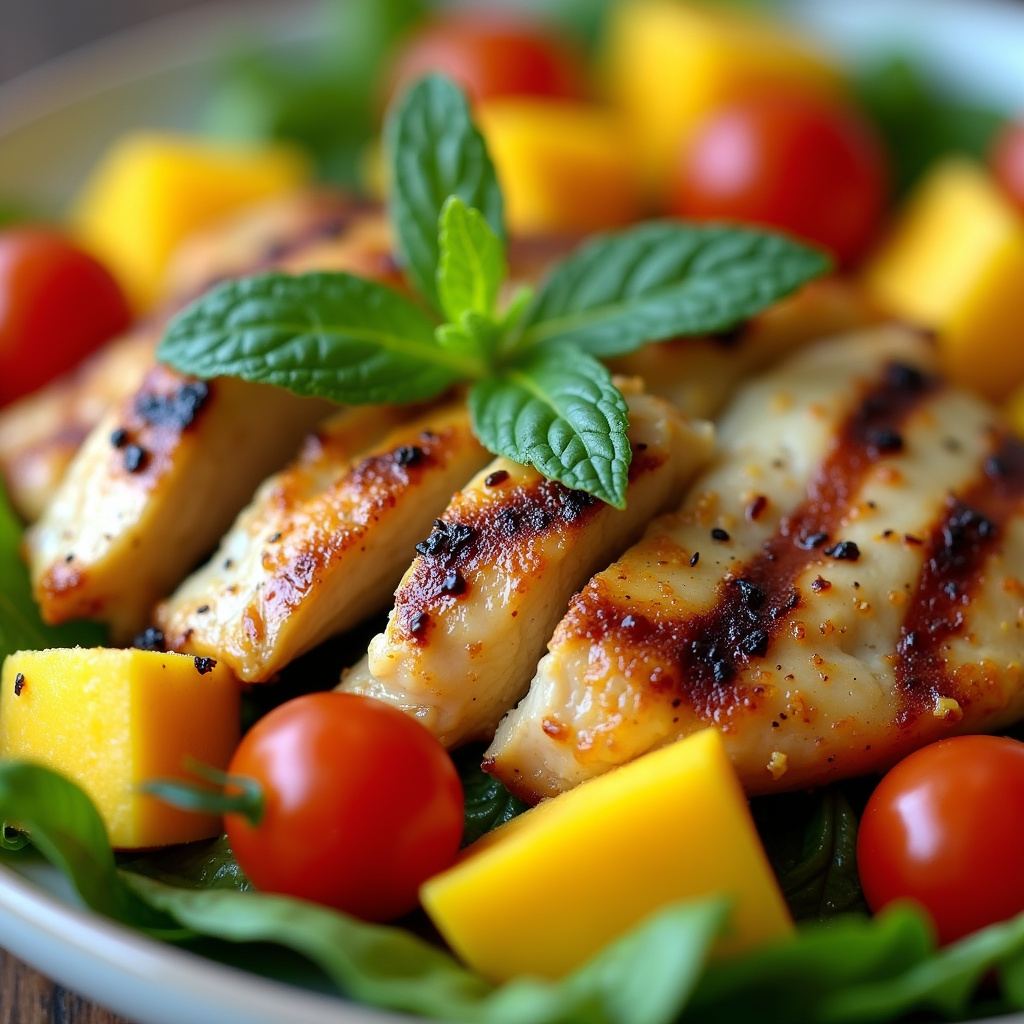 Close-up of grilled chicken mango salad highlighting chicken, mango, mint. Natural light, vibrant Benefícios da salada de frango com manga para a saúde.