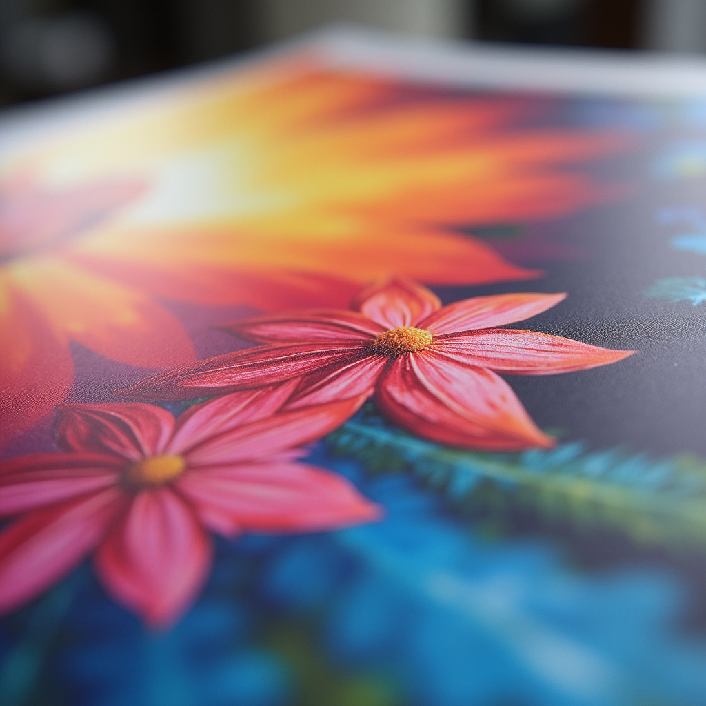 Close-up of vibrant print sample, comparing toner quality, natural light, professional photography, Avaliando a qualidade de impressão do toner.