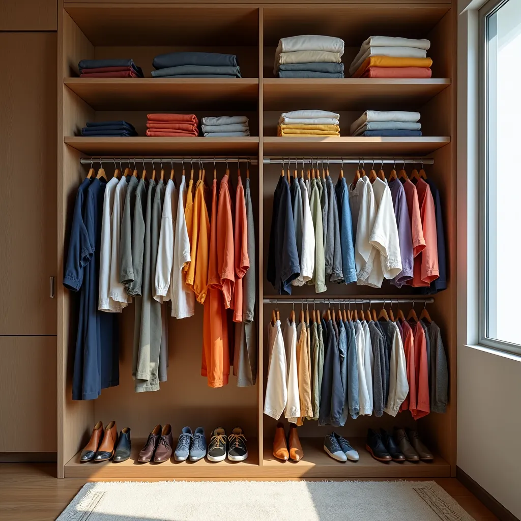 Closet de hotel organizado com roupas por tipo e cor.
