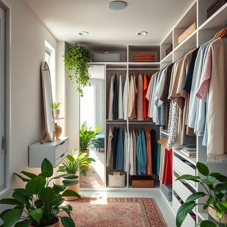 Closet organizado com roupas coloridas, luz natural e espelho.