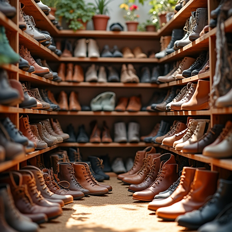 Closet organizado com sapatos diversos, soluções criativas.