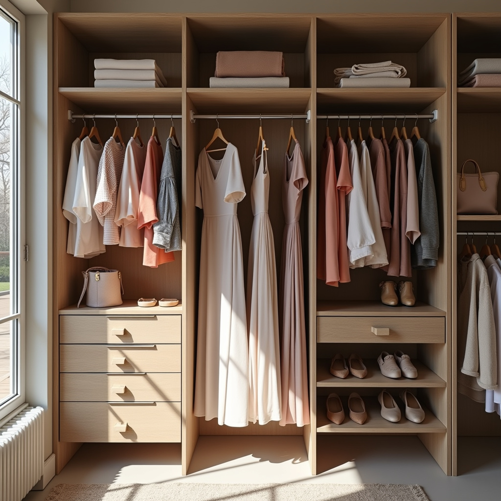 Closet section with dresses for work, casual, and party. Organized by occasion. Professional Vestidos separados por ocasião: trabalho, casual e festa.