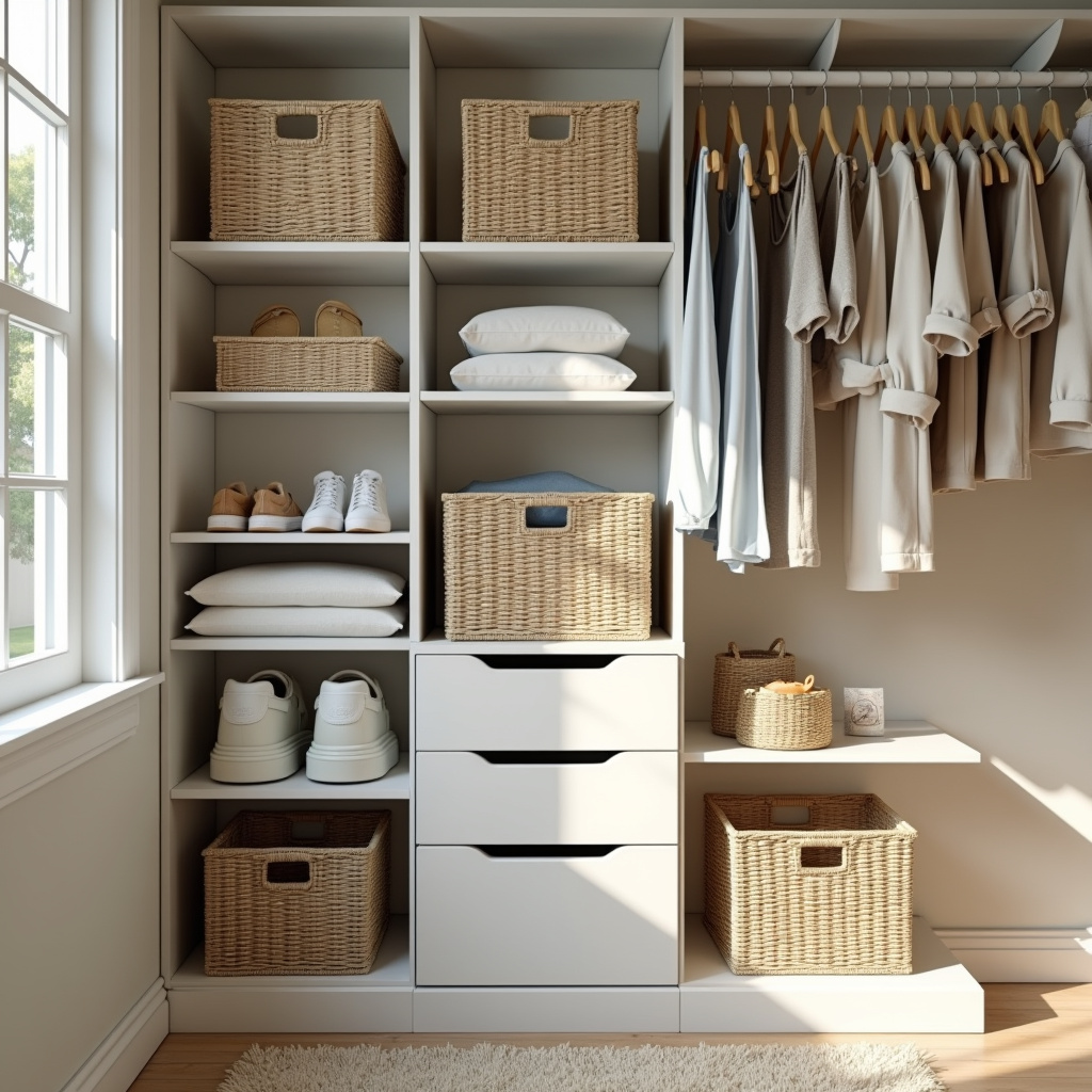 Closet with organizers: boxes, baskets, shelves. Summer clothes. Natural light, 8K quality, sharp Organizadores otimizando espaço no guarda-roupa.