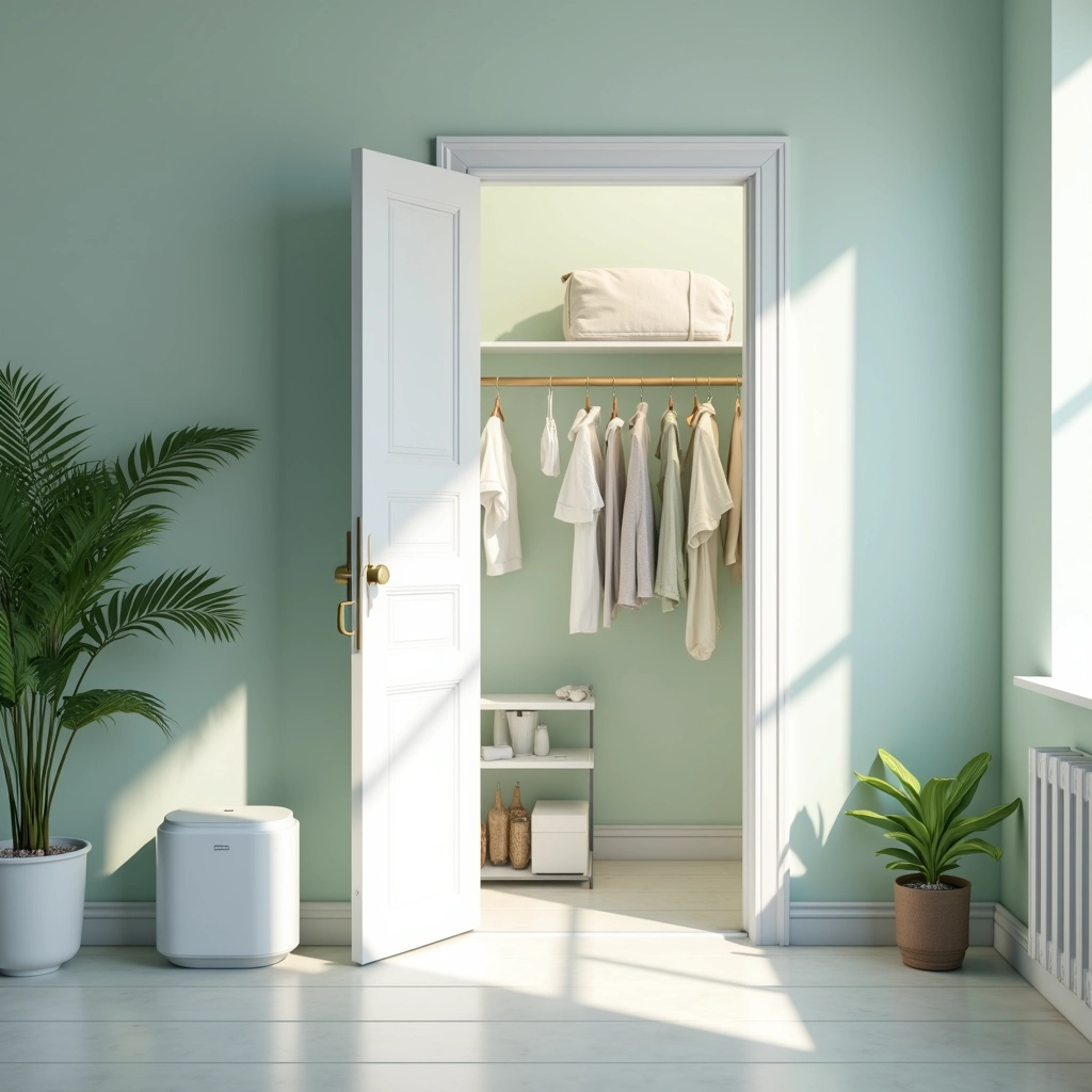 Mantenha o closet sempre limpo e arejado para evitar mofo e odores. Um closet limpo e arejado com produtos de limpeza e ventilação.